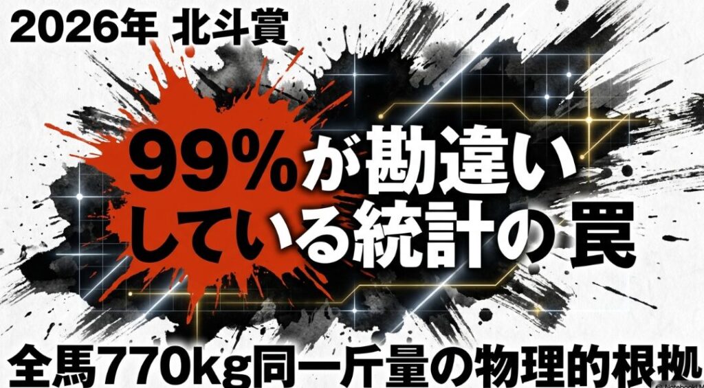 2026年北斗賞の解析表紙。770kgという数字が刻まれた巨大な鉄ソリを曳くばん馬の爆発的水墨画。背景には「99%が勘違いしている統計の罠」というネガティブフック