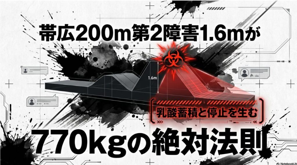 帯広競馬場200mコースの物理的断面図。高さ1.6mの第2障害を強調し、770kgの重圧による乳酸蓄積と物理的停止のリスクを可視化したインフォグラフィック