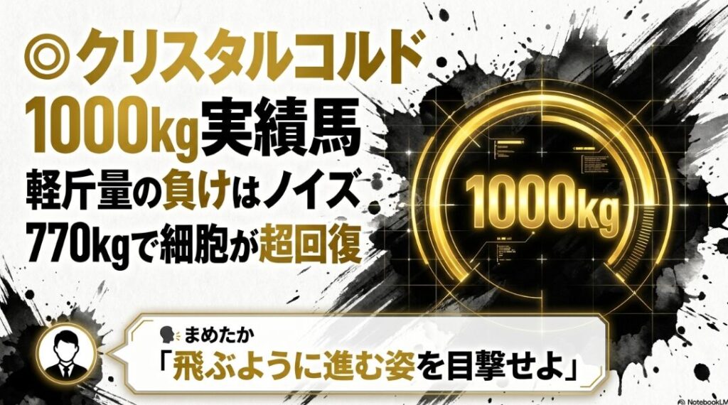 黄金のオーラを纏い、筋肉が超回復するクリスタルコルドのシルエット。1000kgのばんえい記念を曳き抜いた絶対的なパワーと登坂力を象徴する重厚な水墨画