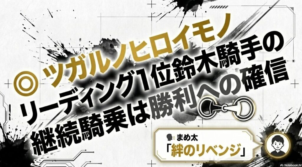 リーディング1位・鈴木恵介騎手とツガルノヒロイモノが人馬一体となり、光の絆で結ばれたシルエット。高重量戦における盤石な慣性と信頼を表現した伝統的な墨絵
