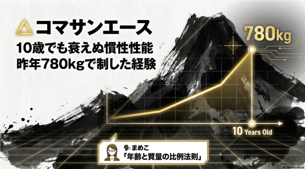 10歳を迎えてもなお、重厚な墨の筆致で描かれた守護神・コマサンエース。年齢と質量の比例法則を体現し、昨年780kgで制した覇者の貫禄