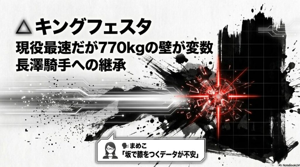 現役最速のスピードを誇りつつも、770kgの壁に直面し苦闘するキングフェスタ。物理的ブレーキと第2障害での溜め性能の葛藤を鋭い墨線で描いたシーン