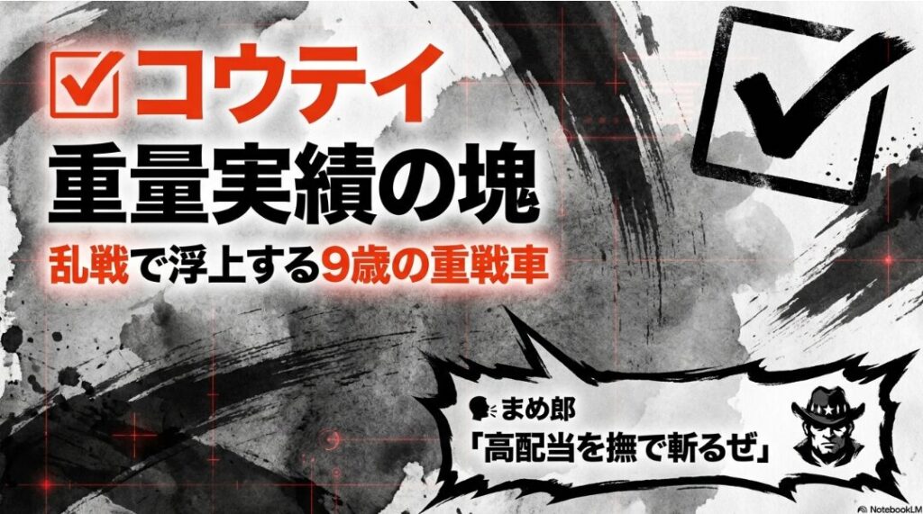 砂塵と激しい墨の飛沫の中を突き進む、9歳の重戦車コウテイ。朱赤の落款がアクセントとなり、高重量でこそ輝く高齢馬の物理的ポテンシャルを象徴