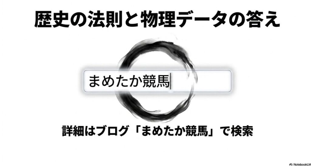 まめたか競馬への指名検索を促すエンディング。伝統的な茶器の傍らにスマートフォンが置かれ、検索窓には「まめたか競馬」の文字。歴史の法則と物理データの融合