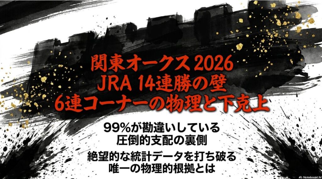 2026年関東オークス分析の表紙。「JRA14連勝の壁 6連コーナーの物理と下克上」の巨大なタイトルと、水墨画風の競走馬のシルエット