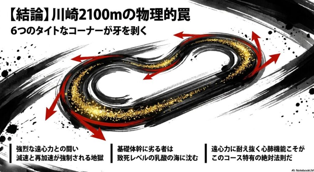 川崎2100mの戦術図。6つのタイトなコーナーが引き起こす物理的負荷、遠心力、および筋肉内への乳酸蓄積のメカニズムを解説