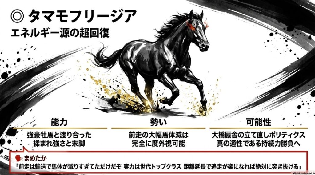 最重要観測個体タマモフリージアの分析。能力・勢い・可能性の三柱分析。前走の馬体減からの超回復と、大橋厩舎の立て直し戦略を解説。キャラ「まめたか」の熱い推奨コメント