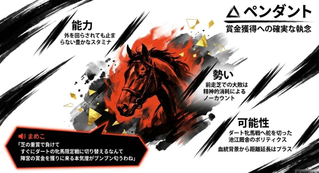 実力馬ペンダントの分析。芝からダートへ舵を切った池江厩舎の賞金獲得への執念。オルフェーヴル産駒のスタミナと距離延長のプラス要因。キャラ「まめこ」の冷静な分析
