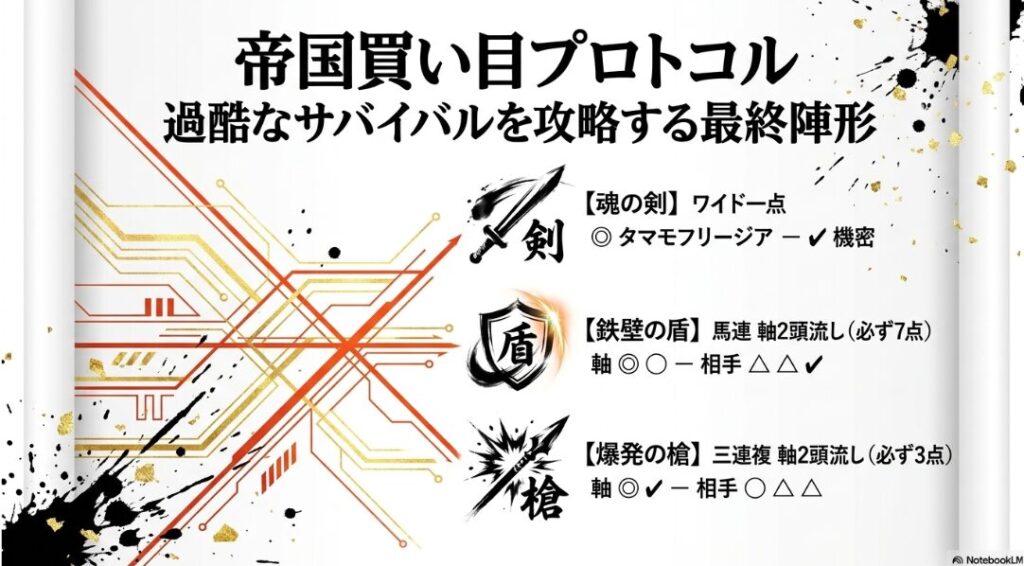 帝国買い目プロトコルの提示。ワイド一点「魂の剣(◎-✔︎)」、馬連7点「鉄壁の盾」、三連複3点「爆発の槍」のアイコン付フォーマット