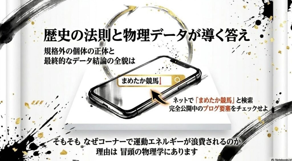 結論スライド。物理データと歴史の法則が導く答え。白背景に黒文字で「詳細はブログ要塞『まめたか競馬』で検索」の強烈な指名検索誘導