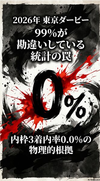 表紙（ネガティブフック） 2026年 東京ダービー 攻略戦略資料の 表紙 99%が 勘違いしている 統計の 罠を 提示 過去2年 1〜3枠の 3着内率 0.0%という 衝撃の数字と 物理的根拠を 強調する 視覚的フック