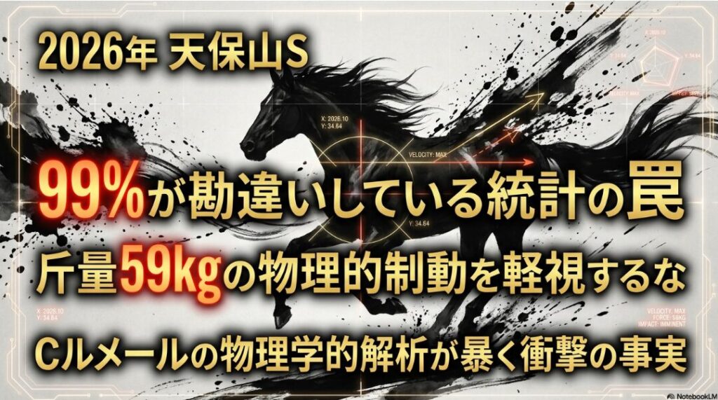 天保山ステークス 2026 予想 表紙 99%が 勘違いしている 統計の 罠 と 59kgの 斤量が 生む 減速Gの 物理学的 警告 を 描いた 墨絵風の 競走馬 ビジュアル