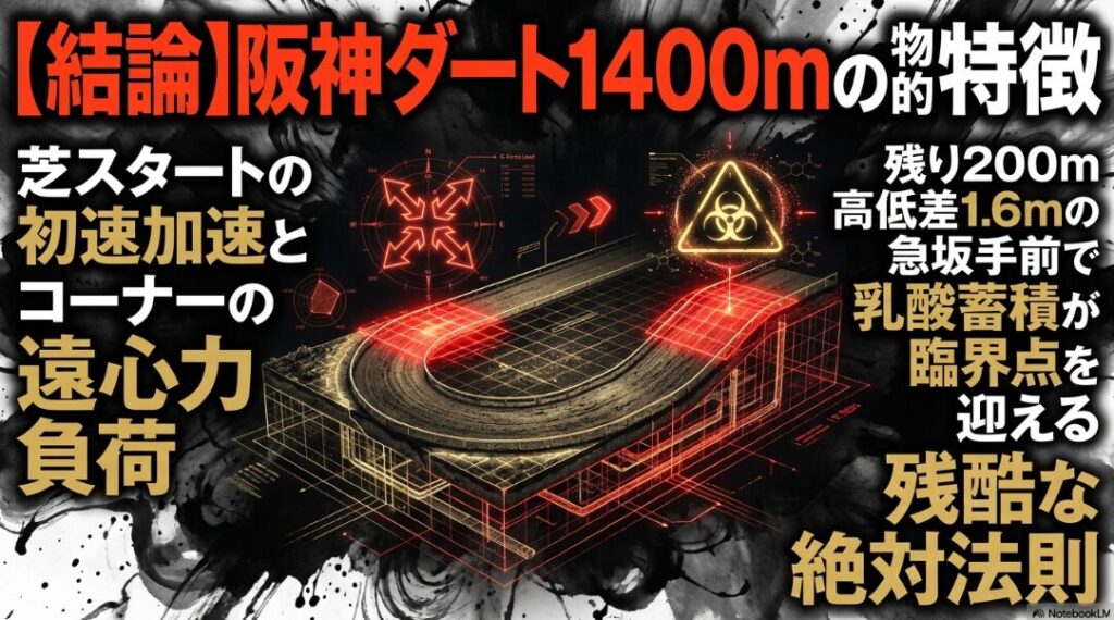 阪神ダート1400m 物理的 負荷 図解 芝スタート による 加速 3コーナーから 4コーナーの 遠心力 直線 1.6mの 急坂で 乳酸蓄積が 臨界点を 迎える 物理的 特徴