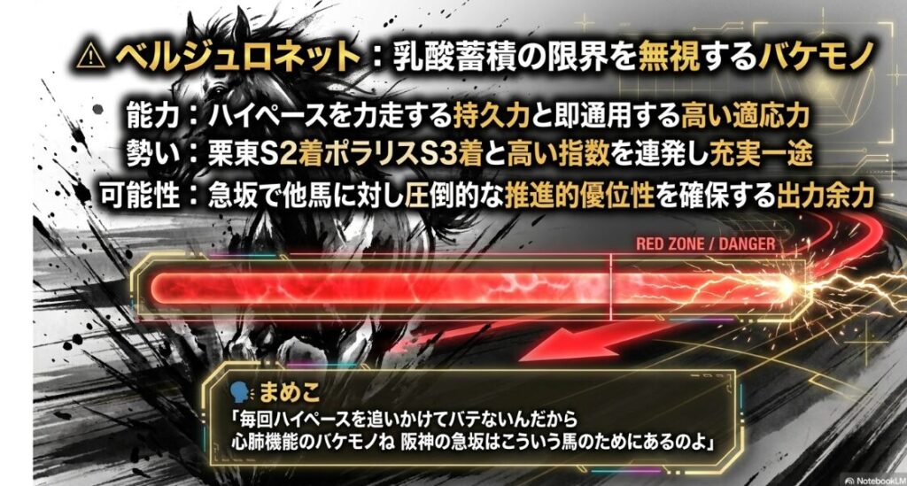 注目馬 △ ベルジュロネット 能力分析 ハイペースを 追走する 持久力 と 臨界点を 超えた 後の 急坂で 活きる 圧倒的な 推進 優位
