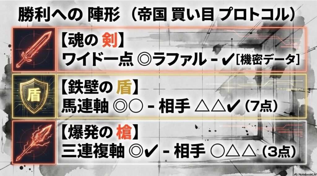 最終 陣形 買い目 プロトコル 魂の剣 ワイド一点 ◎ラファル から ✔︎モンドプリューム 鉄壁の盾 馬連 爆発の槍 三連複 の 構成案