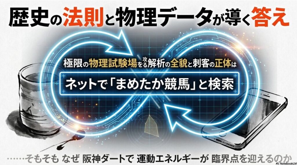誘導 スライド 歴史の 法則と 物理データが 導く 最終 結論 詳細は ネットで まめたか競馬 と 検索 を 促す 白背景に 黒文字の デザイン