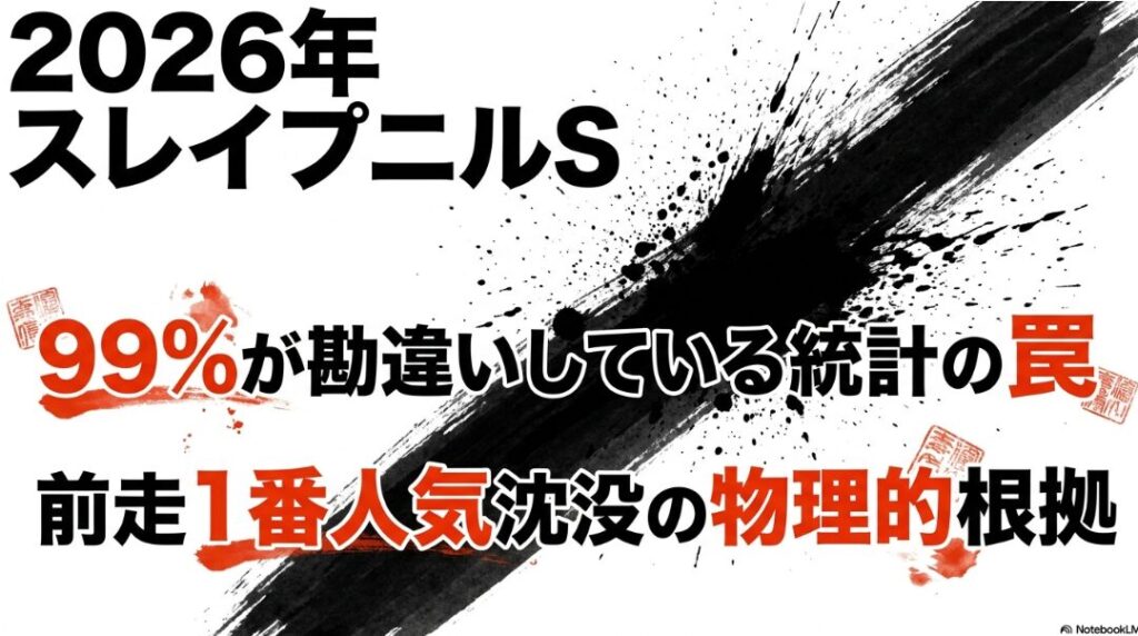 スレイプニルステークス2026 解析レポート表紙 爆発的水墨画の背景に 朱赤の太文字で「99%が勘違いしている統計の罠」と記載 中央には「位置エネルギー変換ミスと55kgの物理的根拠」という 読者の損失回避心理を突く惹句が躍る