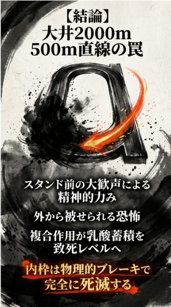 戦場の罠（コース解析） 大井2000m 外回りの 物理的 特徴を 図解 最初の 500m直線の 罠が 引き起こす 精神的力みと 外枠から 被せられる 恐怖による 乳酸蓄積の 構造を 物理学的に 解説