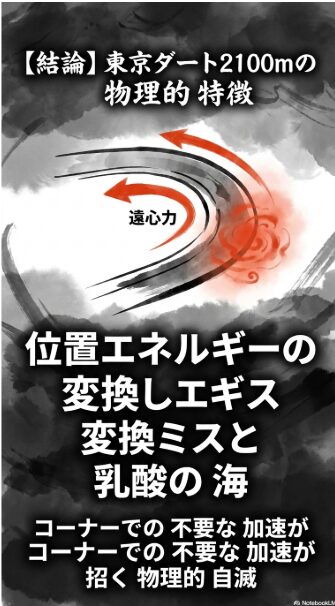 東京ダート2100メートルの物理的解析スライド 「位置エネルギーの変換ミスと乳酸の海」という結論を提示 4回のコーナーにおける遠心力と 直線での加速G維持のためのエネルギー保存の重要性を 独自の物理アイコンで図解している
