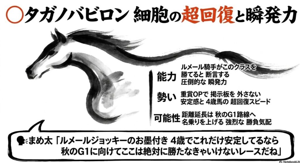対抗馬タガノバビロンの分析スライド 能力:ルメール騎手が断言する圧倒的な瞬発力 勢い:4歳馬特有の細胞の超回復スピード 可能性:秋のG1を見据えた陣営の勝負気配 まめ太が「秋に向けてここは絶対に勝たなきゃいけないレースだね」と元気な推しコメントを寄せている