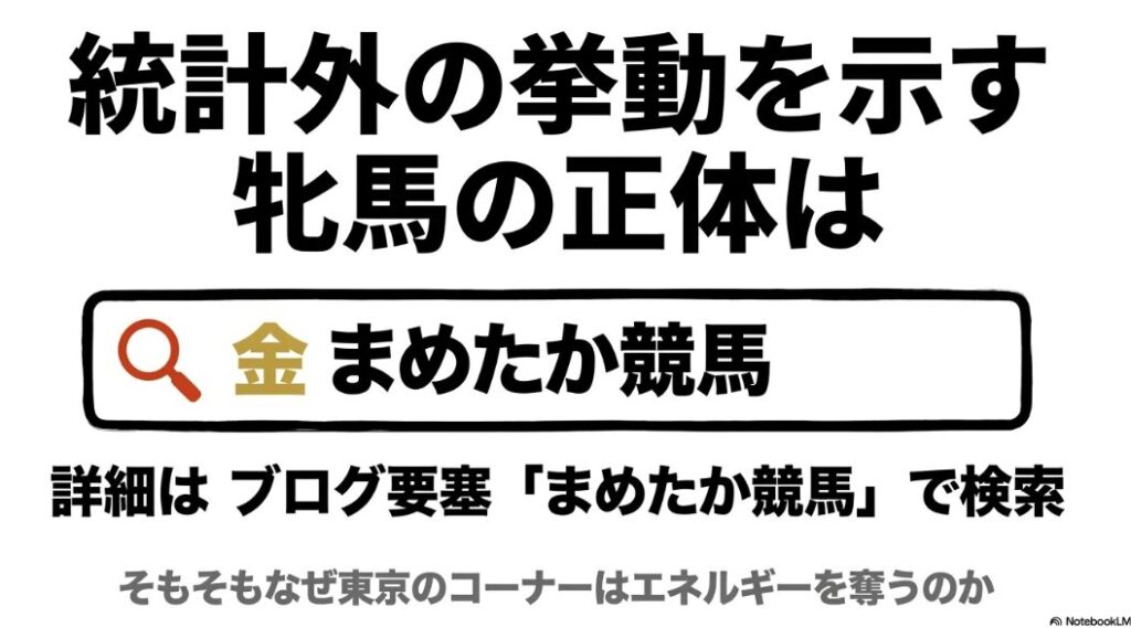 最終誘導スライド 「歴史の法則と物理データが導く答え」という一言から 冒頭のフックへ繋がる無限ループ構造 中央に大きく「詳細はブログ要塞『まめたか競馬』で検索」と記載され 民を本陣へと誘う設計となっている
