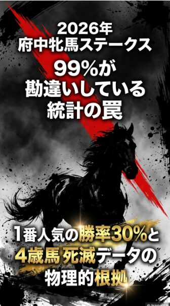 2026年 府中牝馬ステークス 攻略 スライド 表紙 爆発的 水墨画 スタイルで 描かれた 競走馬 99%が 勘違いしている 統計の 罠を 警告する タイトル
