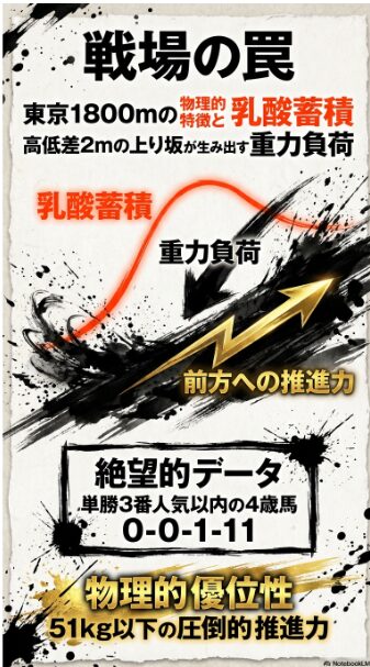 東京競馬場 芝 1800mの コース 解析図 2コーナー ポケット スタートから 525.9mの 直線 高低差 2mの 坂が 競走馬に 与える 物理的 負荷と 乳酸 蓄積の 図解