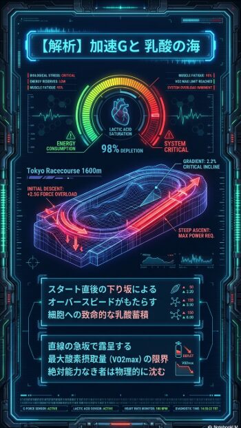 東京芝1600m 物理的特徴 スタート直後の加速Gと直線の坂で待ち受ける乳酸の海 絶対能力が問われる戦場