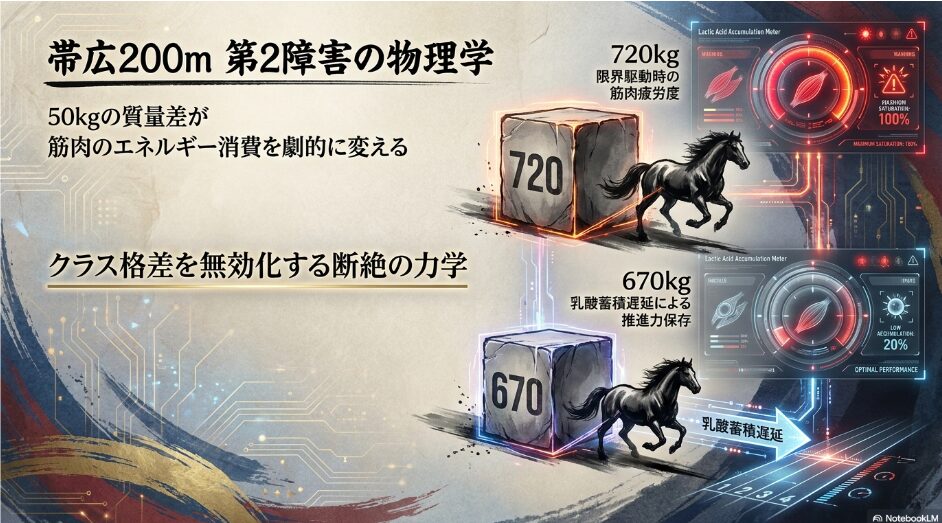 帯広競馬場200m直線の第2障害における物理学解説 50kgのソリ重量差が筋肉の仕事量（エネルギー消費）と乳酸蓄積遅延に与える影響を可視化した図解 質量約7%の差がもたらす下克上の力学