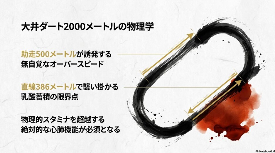 戦場の罠（コース解析） 「大井ダート2000mの物理解析。500mの助走区間によるオーバースピードの罠と、386mの直線で訪れる乳酸蓄積の限界点を図解。夜の競馬場をイメージした重厚な水墨画スタイル。」