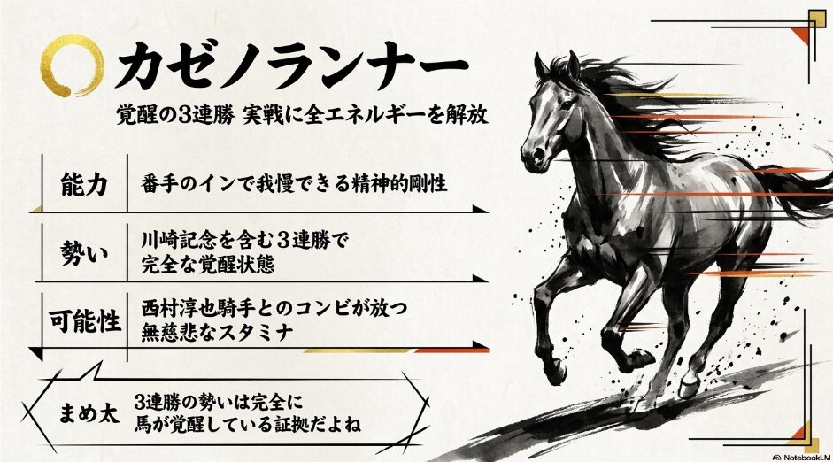 ◯ カゼノランナー 「対抗カゼノランナーの分析。川崎記念を含む重賞3連勝の勢いと、精神的剛性の向上を強調。実戦でエネルギーを解放する戦略を解説。併せ馬をイメージした動的な水墨画。」
