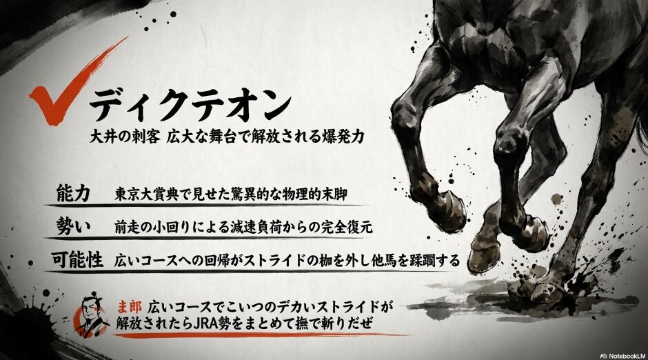  ✔︎ ディクテオン 「穴馬ディクテオンの分析。大井2000mの広さでのみ解放される物理的末脚と、32年ぶりの地方馬Vの期待を解説。霧の中から現れる刺客のような不気味な馬のシルエットの水墨画。」