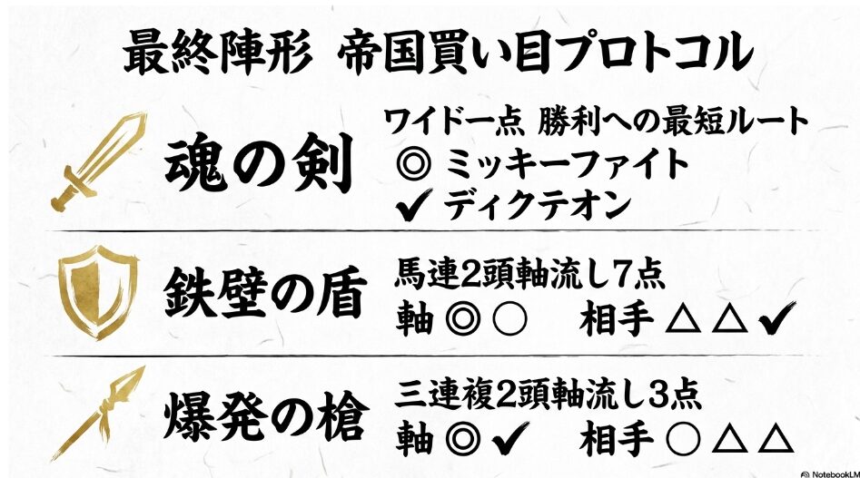 最終陣形（買い目） 「帝国買い目プロトコル。魂の剣（ワイド1点）、鉄壁の盾（馬連7点）、爆発の槍（三連複3点）の陣形をアイコンと共に提示。金箔イエローと朱赤を用いた視覚的制圧レイアウト。」