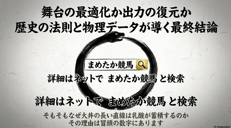 最終結論（誘導） 「ウロボロス構造の結び。検索窓に『まめたか競馬』と記され、ブログ本陣への指名検索を促す。静謐な茶器とスマートフォンの水墨画が、深い洞察の余韻を与える。」