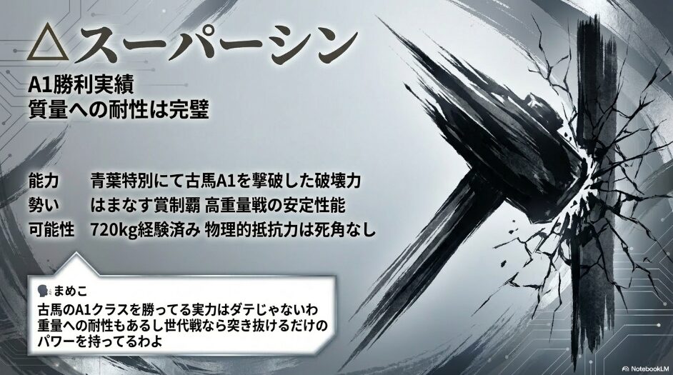 解析対象馬（△）スーパーシンの分析 古馬A1クラス（青葉特別）を勝ち切る絶対性能 過去に780kgまでの曳航経験を持つ高い斤量耐性と 同世代戦における物理的アドバンテージを可視化