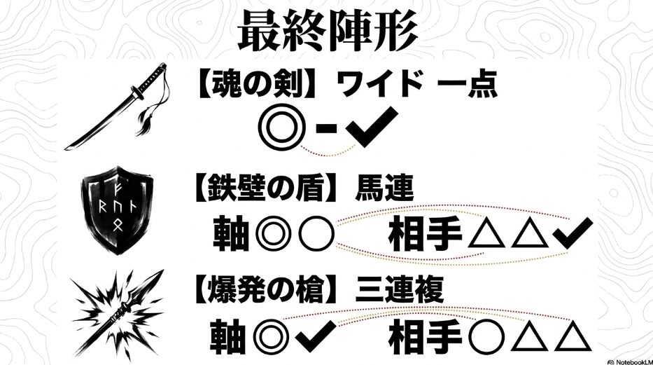 柏林賞2026の最終勝利陣形（解析の全貌） 統計的必須個体と不気味な変数を軸に据えた「魂の剣（ワイド）」「鉄壁の盾（馬連）」「爆発の槍（三連複）」の買い目構成図 物理的根拠に基づいた統計的投資モデル