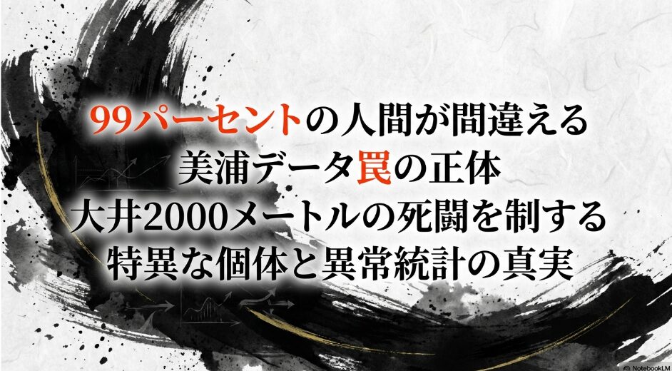 表紙 「2026年帝王賞の攻略スライド表紙。力強い黒インクの水墨画を背景に、『99%が勘違いしている統計の罠』『美浦所属馬 3着内率 66.7% の物理的根拠』の文字。朱赤のアクセントが視線を誘導する。」