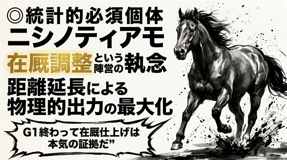 本命 ニシノティアモの 解析 スライド 激走する 黒鹿毛の 馬の 墨絵 在厩調整 という 陣営の 執念と 東京 1800mでの 物理的 出力の 最大化を 示す 根拠