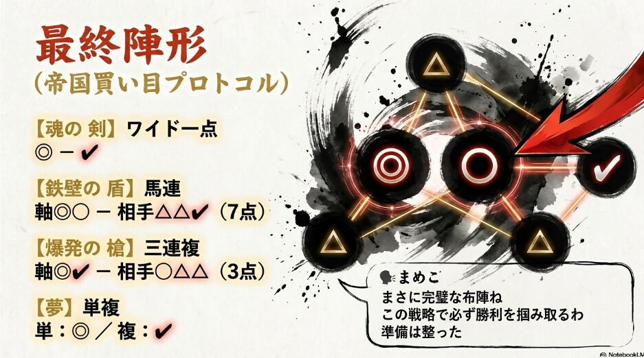 伝統的な 陣形図を 模した 買い目 フォーマット 魂の 剣(ワイド一点) 鉄壁の 盾(馬連) 爆発の 槍(三連複) の 構成を 示す 戦略図