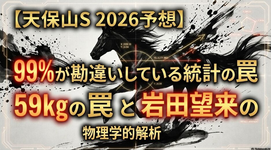 天保山ステークス 2026 予想 表紙 99%が 勘違いしている 統計の 罠 と 59kgの 斤量が 生む 減速Gを 物理的に 攻略する 岩田望来騎手 の 解析レポート を 描いた 墨絵風の 競走馬 ビジュアル