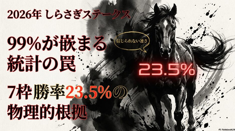 爆発的な 墨の 掠れと 飛沫で 描かれた 競走馬の 咆哮 2026年 しらさぎステークス 攻略スライド タイトル「99%が 嵌まる 統計の 罠 7枠 勝率 23.5% の 物理的 根拠
