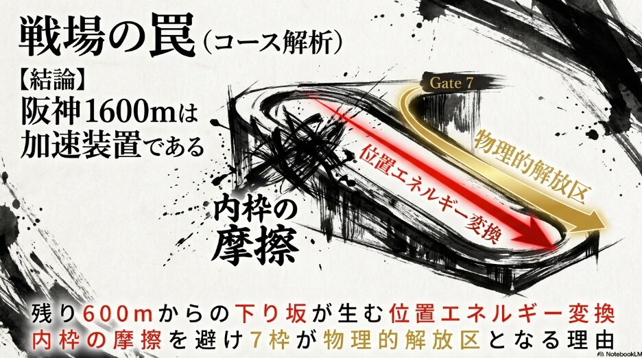 下り坂を 駆け下りる 疾走感のある 墨絵 阪神 1600m 外回りコースの 物理的 特徴図 「残り 600m からの 下り坂 が 生む 位置エネルギー 変換」 と 「7枠が 物理的解放区 となる 理由」 を 解説する スライド