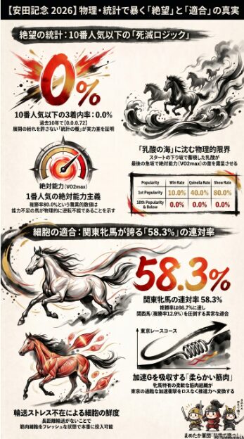 この画像は、第76回安田記念（2026年）のレース展望を物理学および統計学の視点から視覚化したインフォグラフィックです。
1. 統計の檻：10番人気以下の死滅ロジック
安田記念には、過去10年で10番人気以下の馬が【0.0.0.72】、複勝率0%という残酷な「統計の檻」が存在します
。18頭立てのフルゲートであっても、展開の紛れを一切許容しない絶対能力主義の証明といえます
。
2. 物理的要因：乳酸の海と絶対能力の露呈
東京芝1600mは、スタート直後に緩やかな下り坂があるため、物理的な加速Gが強くかかり、オーバースピードになりやすい構造です
。能力不足の馬は、この時点で細胞へ致命的な乳酸蓄積をきたします
。最後の長い直線と急坂では、競走馬の絶対能力である**「心肺機能の最大酸素摂取量（VO2max）」**の差が残酷なまでに露呈し、基礎能力の劣る馬は物理的に失速して「乳酸の海」へと沈みます
。1番人気が複勝率80.0%を誇る事実は、このコースがいかに実力通りに決まるかの証拠です
。
3. 細胞の適合：関東牝馬の圧倒的優位性
統計データにおいて、**関東（美浦）所属の牝馬は連対率58.3%**という驚異的な適合性を示しています
。その理由は、長距離輸送による物理的・精神的ストレスがないため、細胞がフレッシュな状態で本番を迎えられることにあります
。また、牝馬特有の柔らかい筋肉組織が、東京の過酷な加速Gの衝撃を吸収し、瞬発力勝負においてロスなく推進力を生み出す細胞レベルの適合性を持っているためです
。