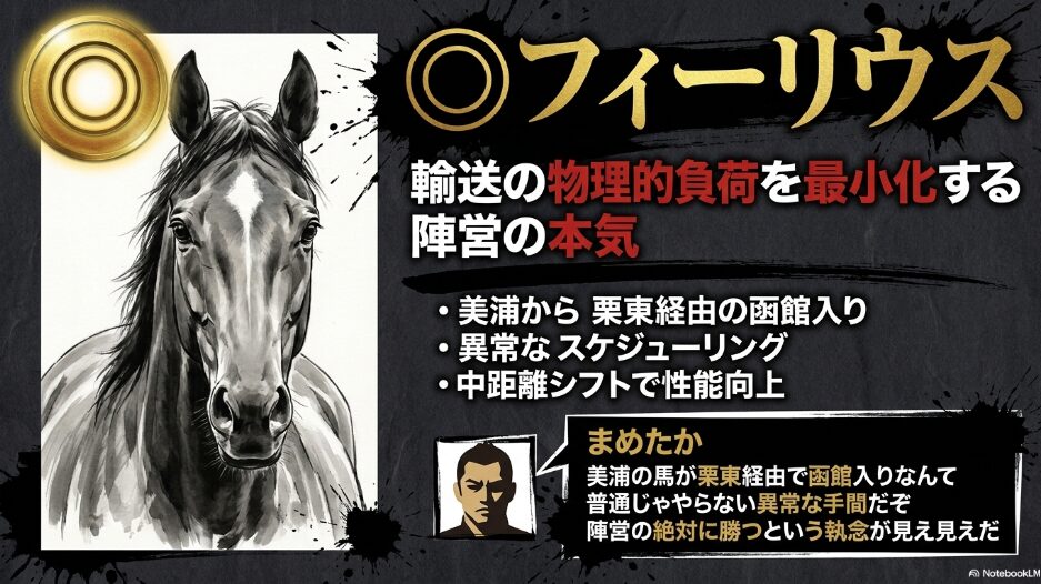 （◎ フィーリウス）： 美浦から 栗東を経由して 函館入りする 異常な スケジューリングを 指摘し 輸送負荷を 最小化する 陣営の 本気度を 評価