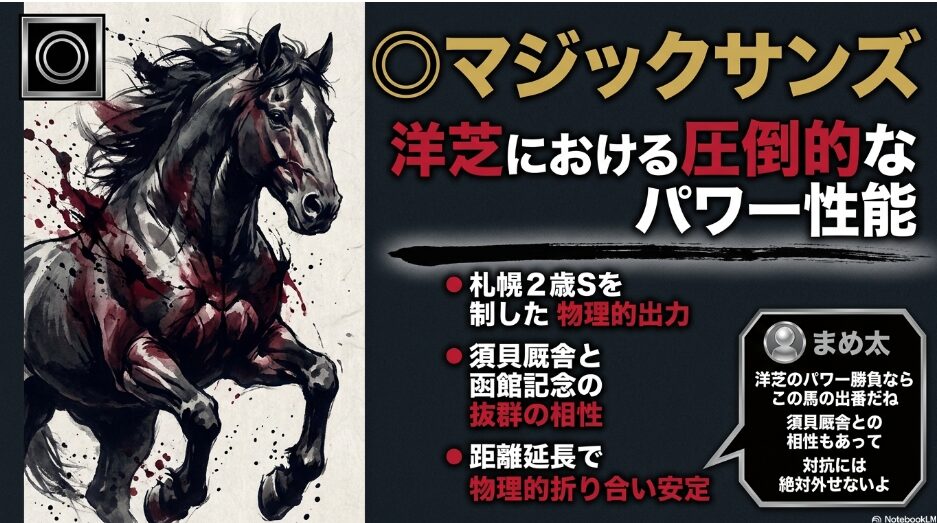 （◯ マジックサンズ）： 札幌2歳Sを 制した 物理的パワー性能と 距離延長による 物理的折り合いの 安定を 解説