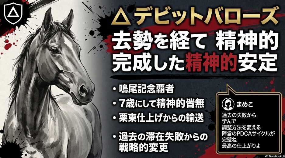 （△ デビットバローズ）： 去勢を 経て 精神的安定を 手に入れた 7歳個体の 完成度と 調整パターンの 変更を 指摘