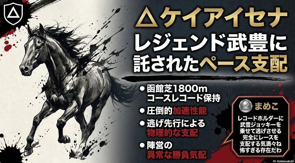 △ ケイアイセナ）： コースレコード保持者に レジェンド武豊騎手を 配した 物理的ペース支配への 期待