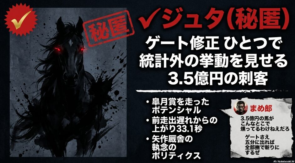 （✔︎ ジュタ）： ゲート修正 ひとつで 3.5億円の ポテンシャルが 解放される 統計外の 挙動を 秘めた 秘匿馬として 紹介