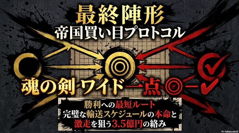 （最終陣形）： 帝国の 買い目プロトコルに基づき ワイド一点（◎－✔︎）を 「魂の剣」として 提示