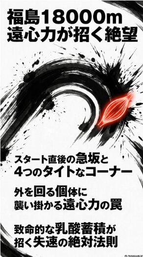 福島1800mの物理的特徴。遠心力が招く乳酸蓄積の絶望と、最小半径で立ち回る機動力の必要性